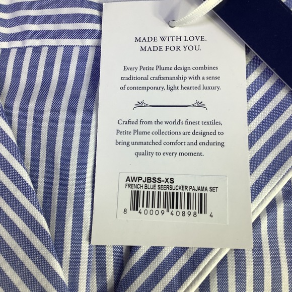 Petite Plume French Blue Seersucker Pajama Set Womens XS Striped Cotton NWT - Picture 5 of 16